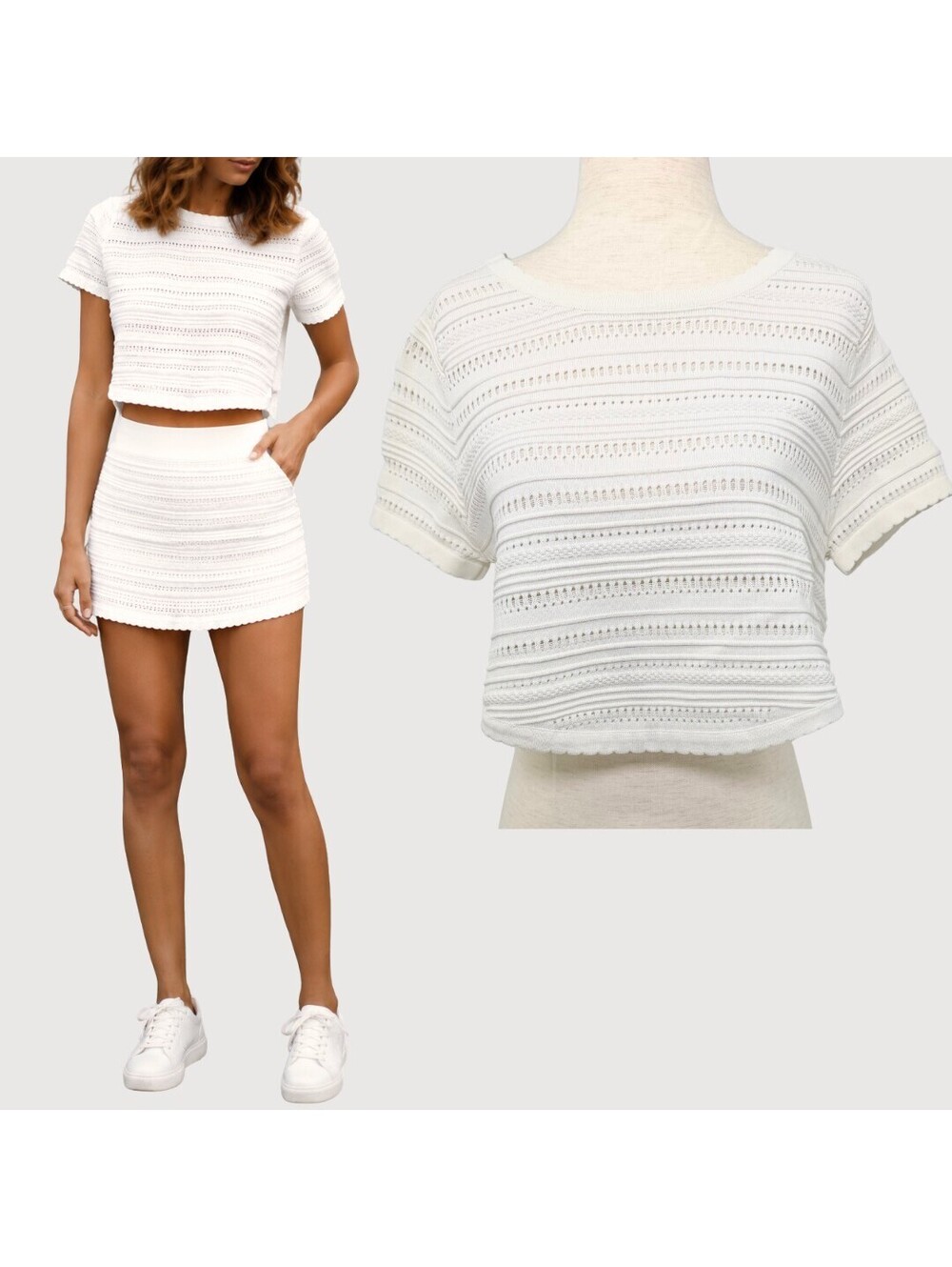 Torn by Ronny Kobo Lena Ivory Pointelle Knit Crop Top S